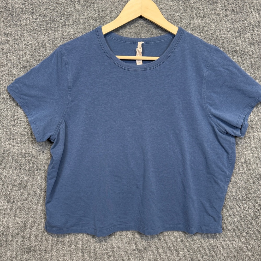Lululemon Size 12 Cropped Tee Blue Classic Fit Boxy Cotton Linen Blend Crew Neck